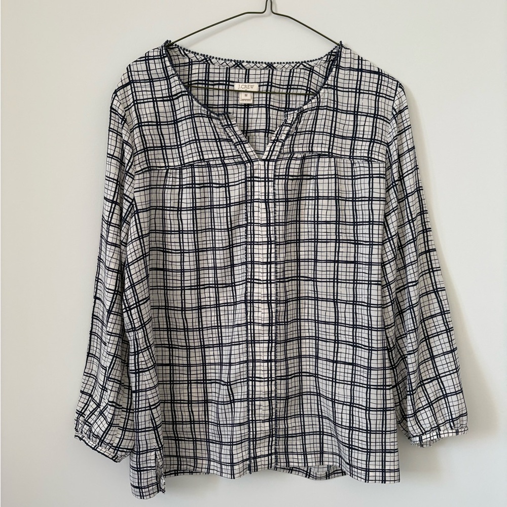 J. Crew navy blue plaid long sleeve blouse M - Picture 2 of 5